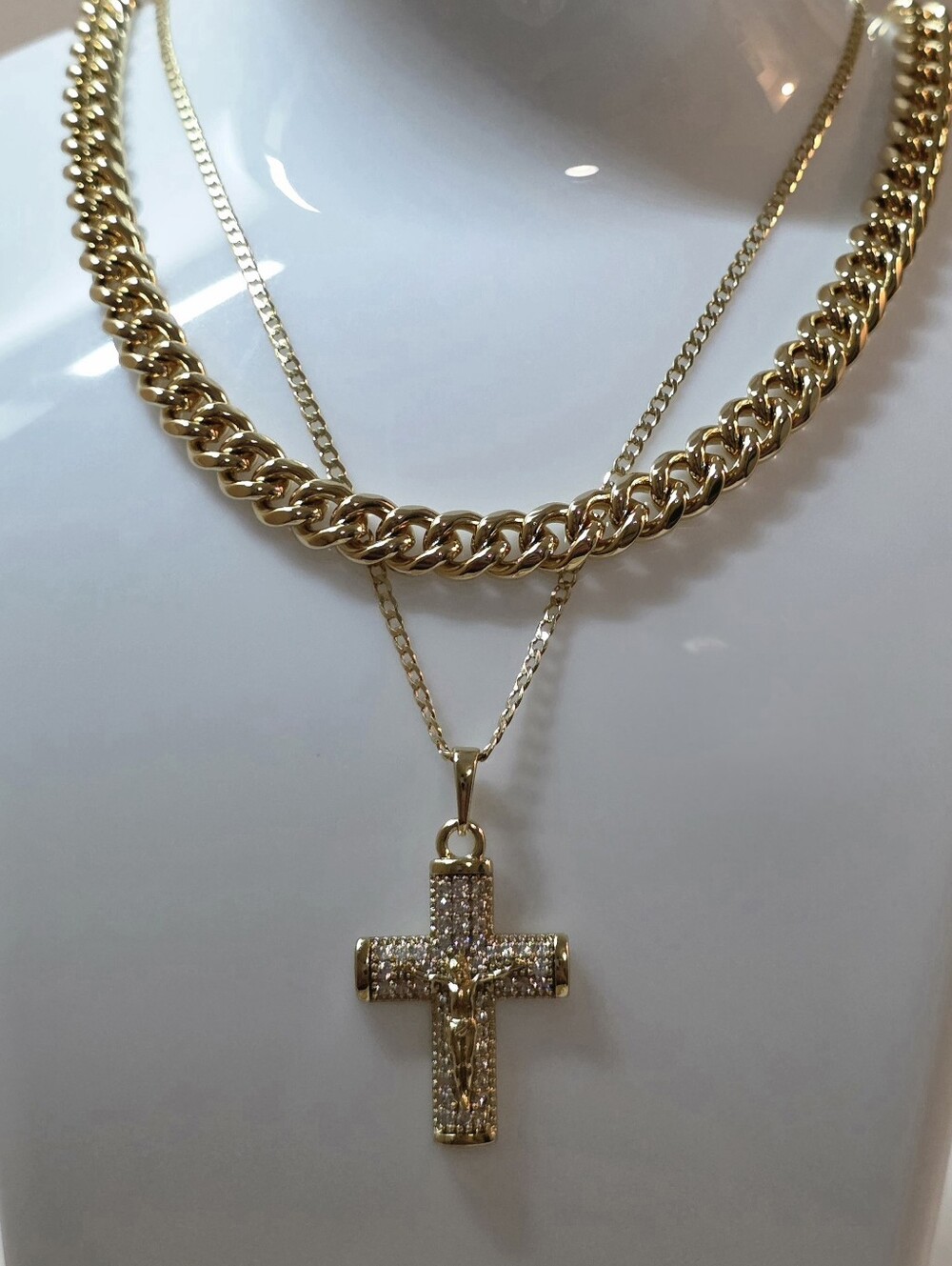 Jesus Cross Pendant Layered Chunky Cuban 20" & 24"  Necklace Set
